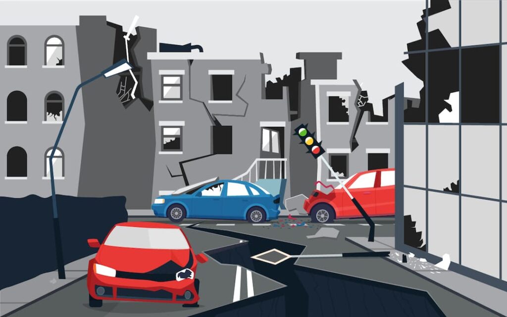 Crumbled cars and buildings to illustrate financial infrastructure breakdown.