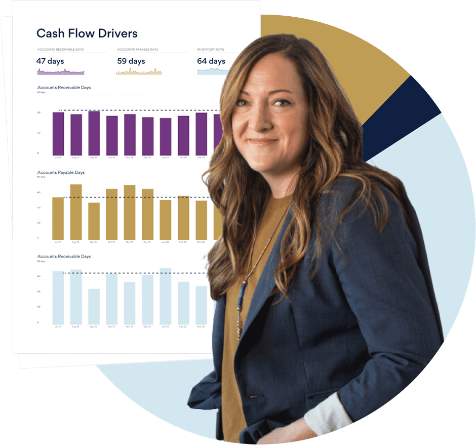 Business person standing in front of an image of a financial report to illustrate Right Hand Finance™ accounting, bookkeeping, and reporting solution.