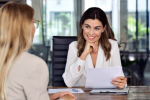 Job candidate answering CFO interview questions.