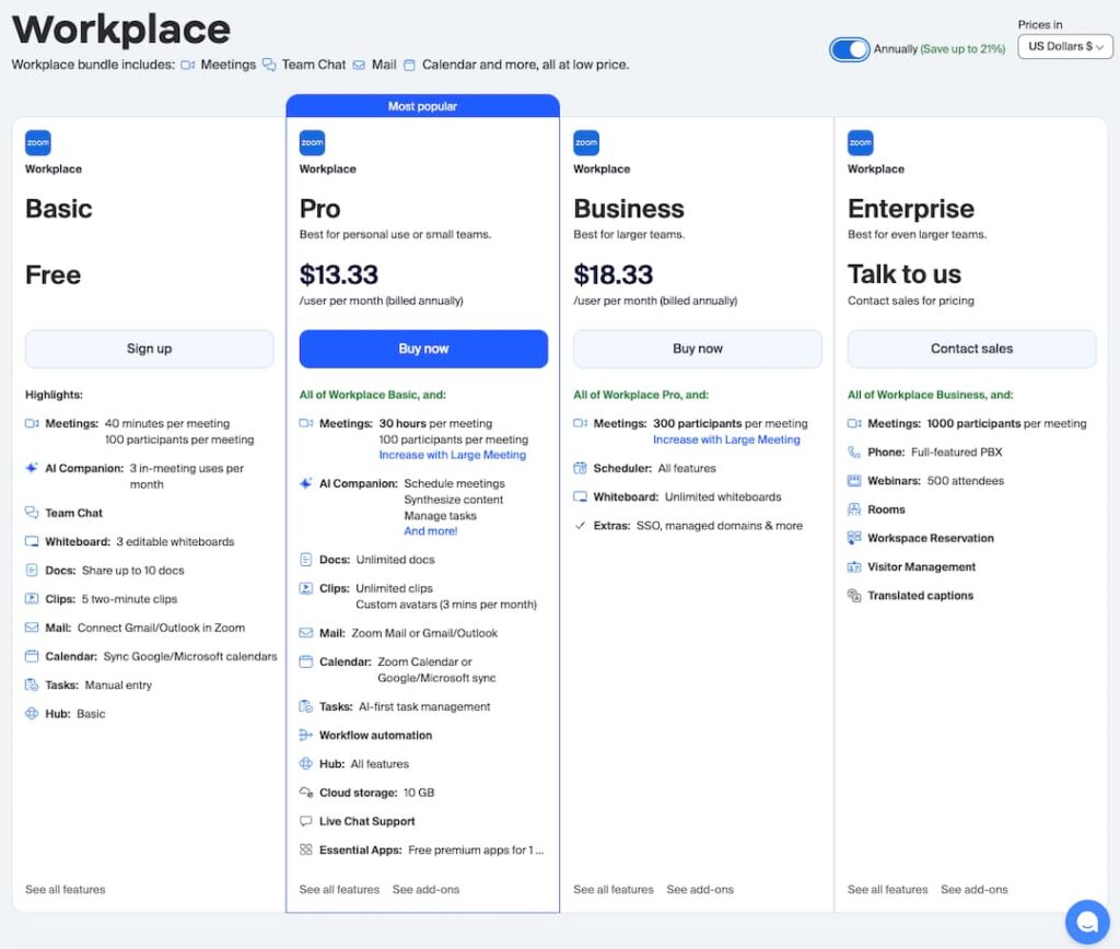 Screenshot of Zoom's pricing page.