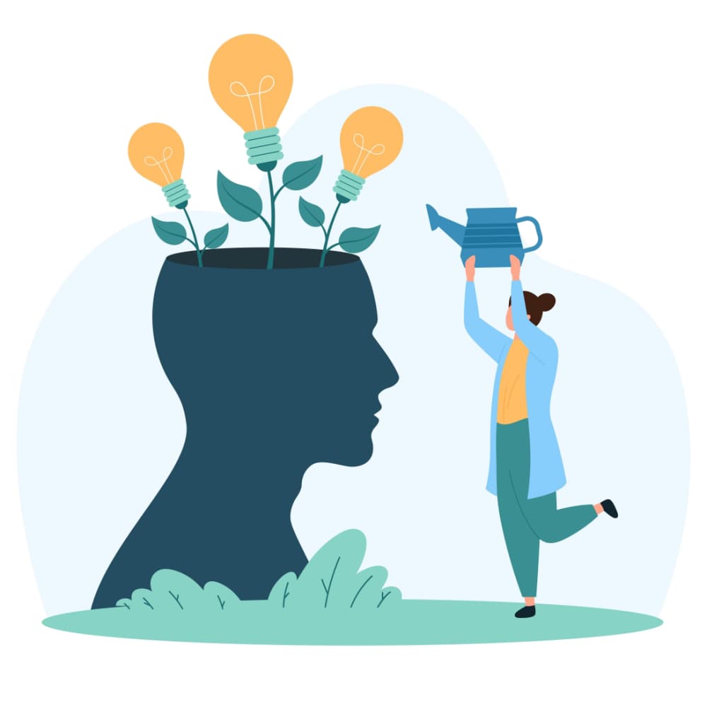 Illustration of a head with ideas growing from it and person caring for it to illustrate leadership development services.