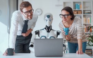 Founders working with a robot, to illustrate the dangers of relying completely on an AI CFO.